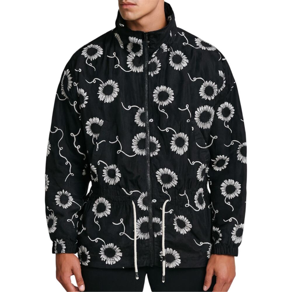 VTG Pro Spirit Sunflower Full Zip Windbreaker Tie Waist Lined 100% Nylon Black S